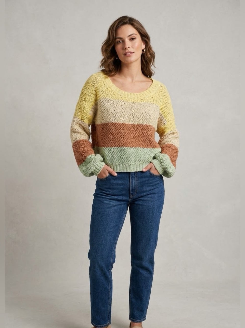 HAVANA Colorblock Knit Sweater Scoop Neck Pastel Boho Size Small
